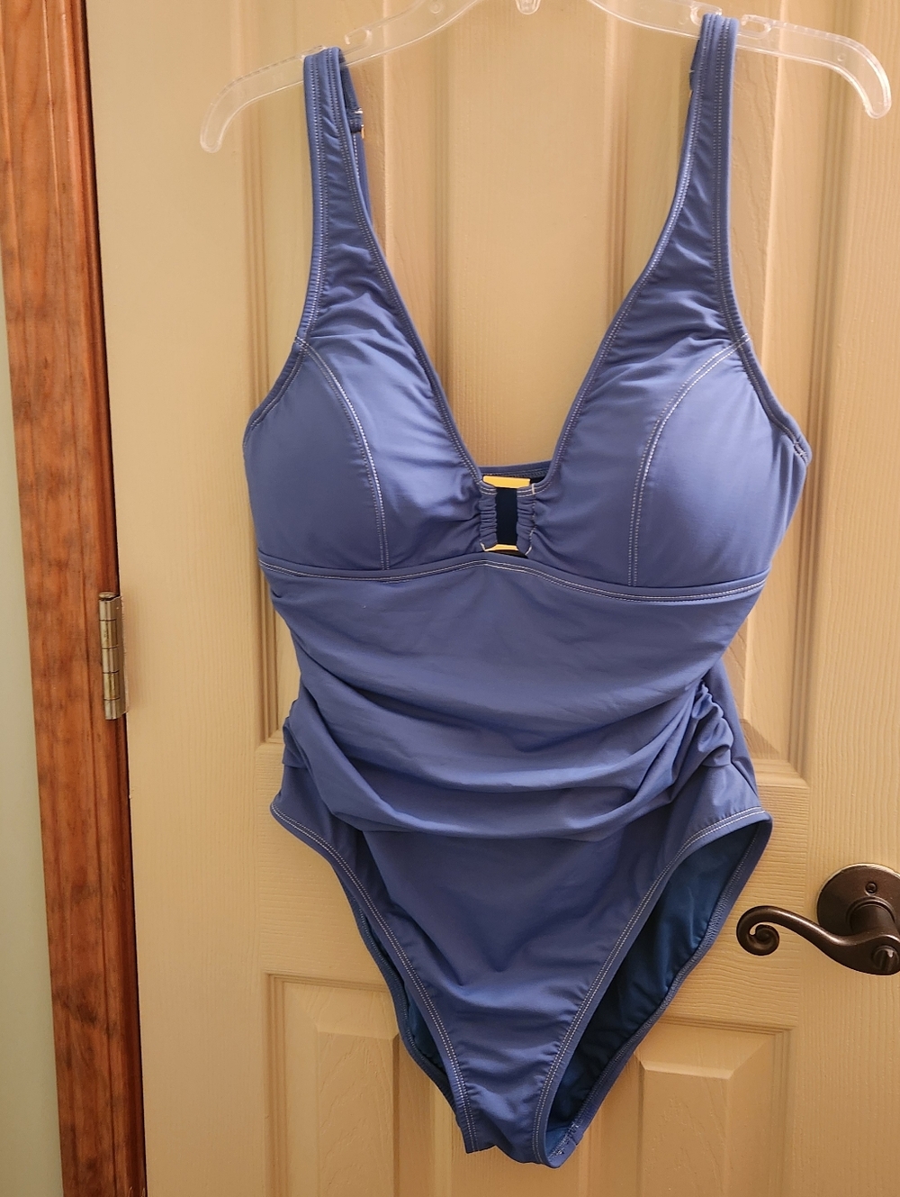 One-Piece Blue V Neckline Swimsuit w/accent metal hardware Sz 14